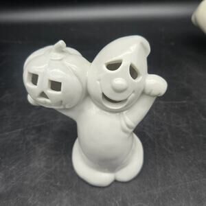 Vintage Midwest Ceramic Ghost Holding Jack O Lantern Halloween Candle Holder